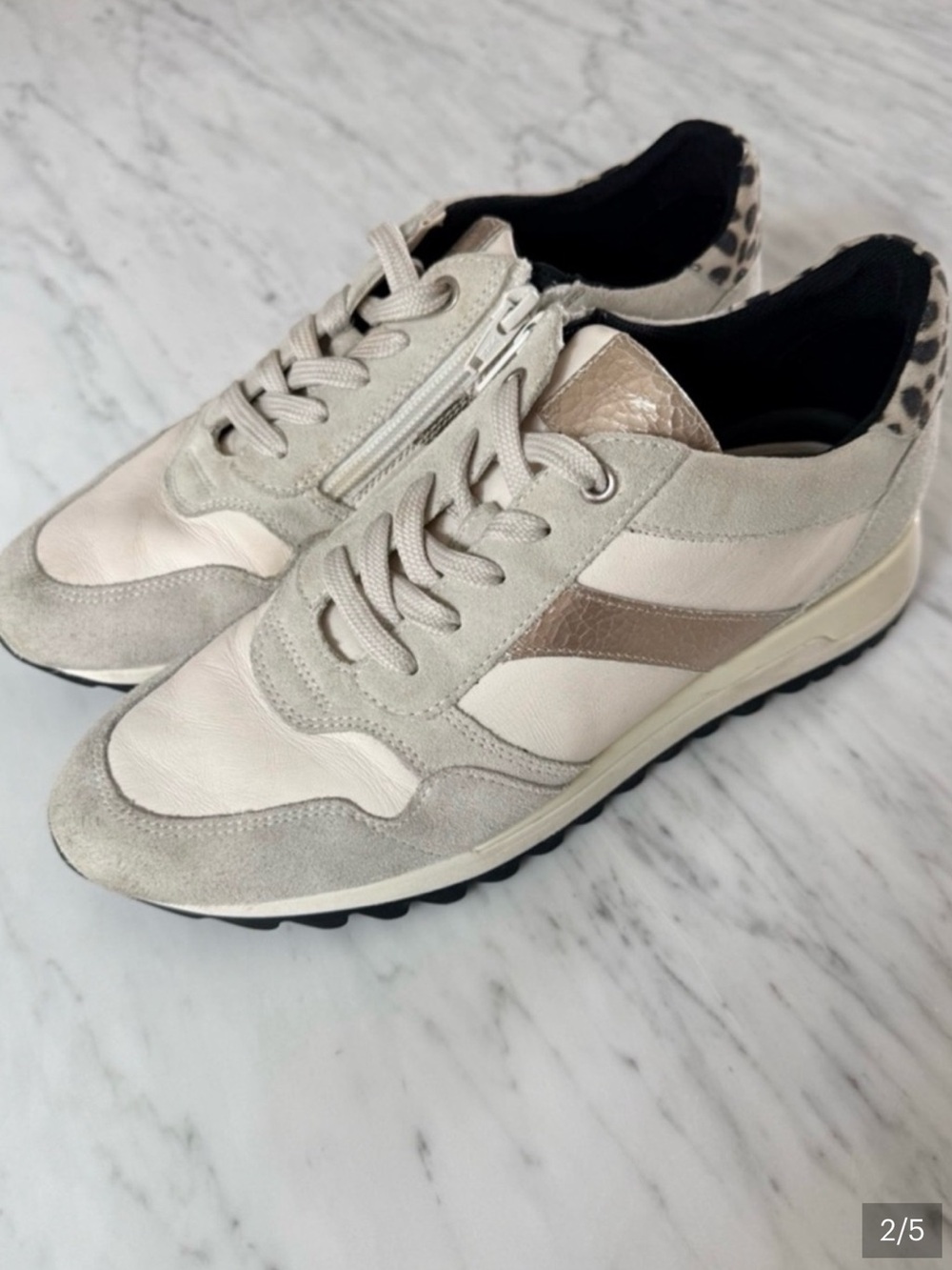 Geox Women's White, Silver & Grey Leather Suede Sneakers with Leopard Accent